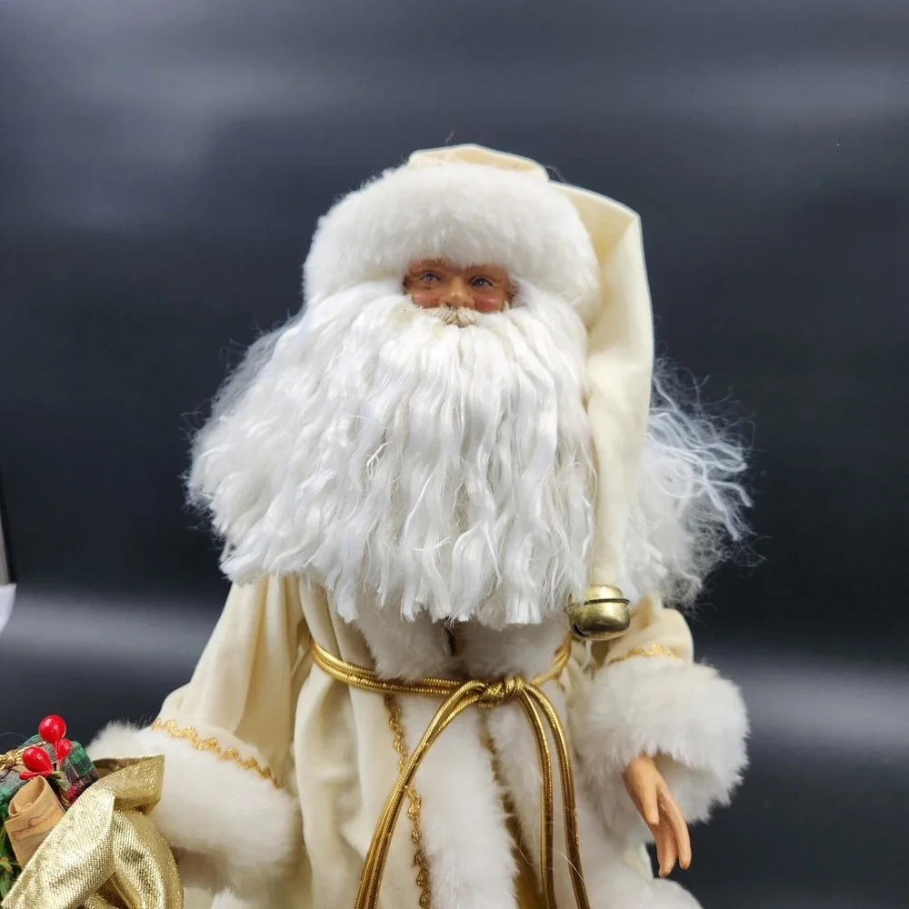 Santa Claus Christmas Tree Topper 16in Cream Gold Velvet Faux Fur Figurine